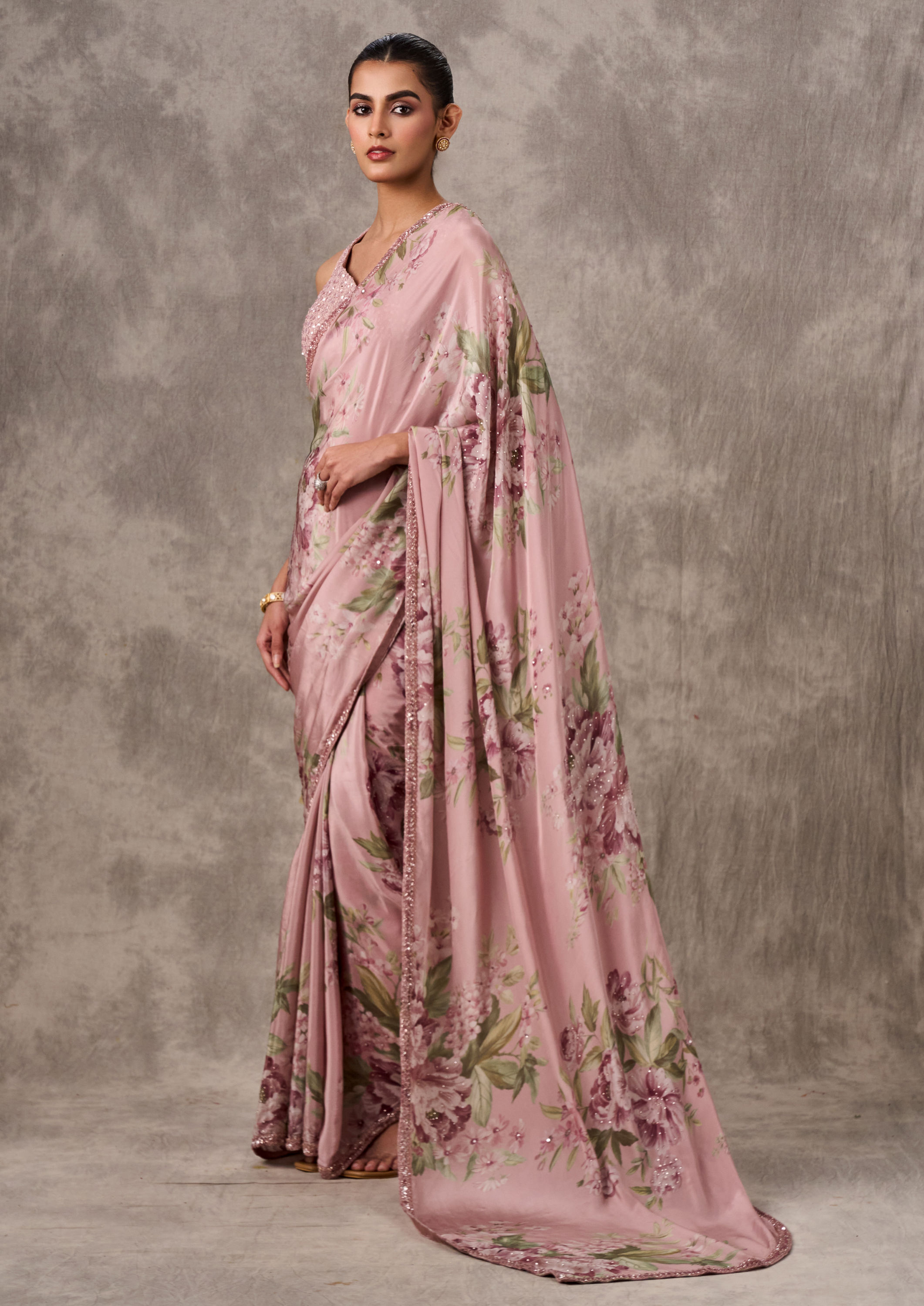 Twamev Women Light Pink Satin Elegance Saree
