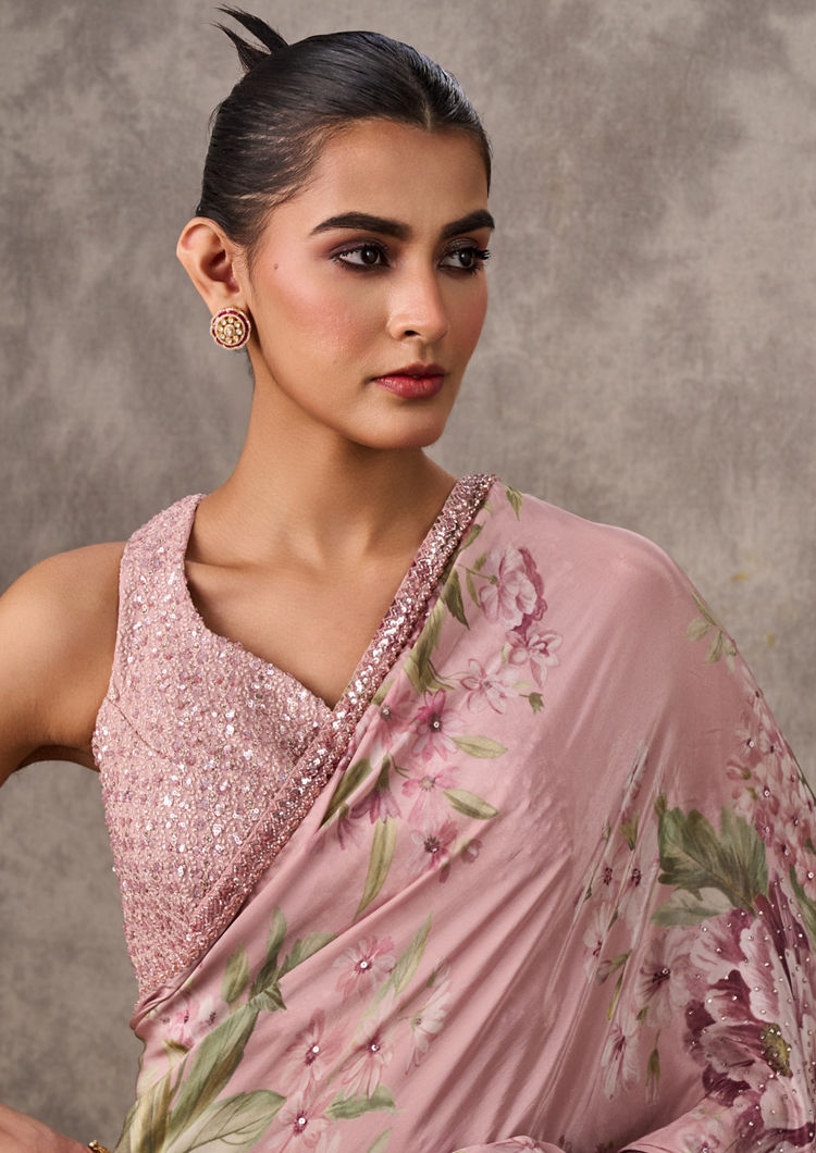 Twamev Women Light Pink Satin Elegance Saree
