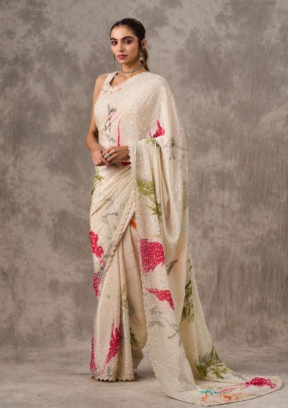 Twamev Women Cream Satin Luxury Saree