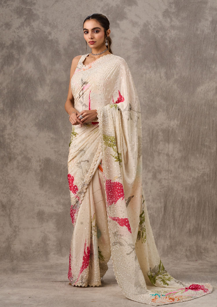 Twamev Women Cream Satin Luxury Saree