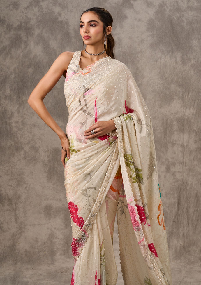 Twamev Women Cream Satin Luxury Saree