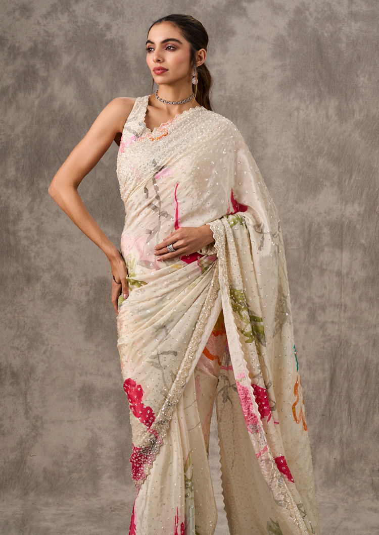 Twamev Women Cream Satin Luxury Saree