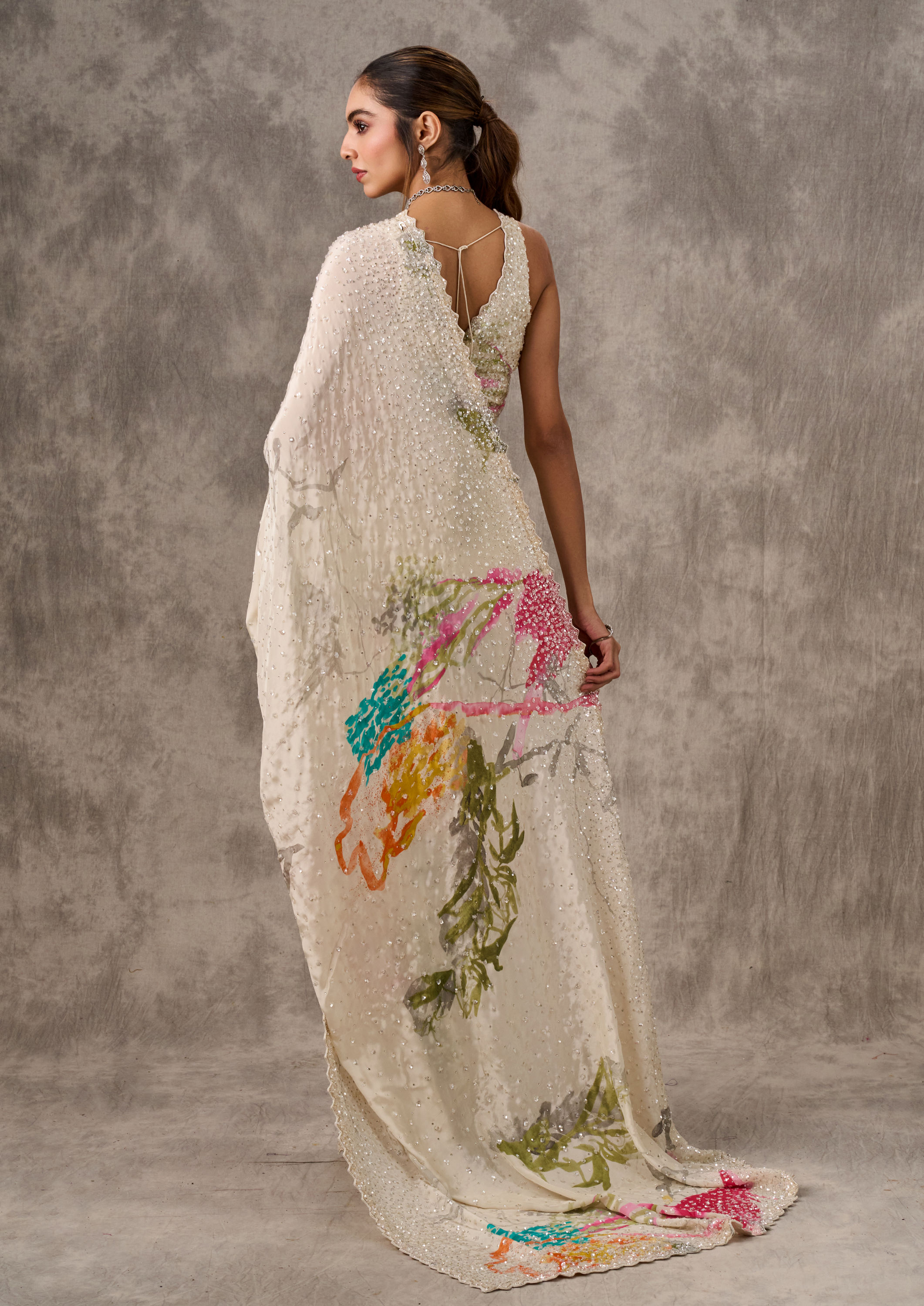 Twamev Women Cream Satin Luxury Saree