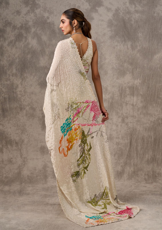 Twamev Women Cream Satin Luxury Saree
