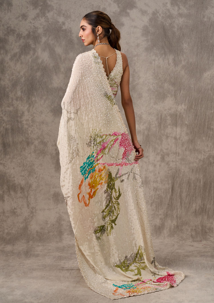Twamev Women Cream Satin Luxury Saree