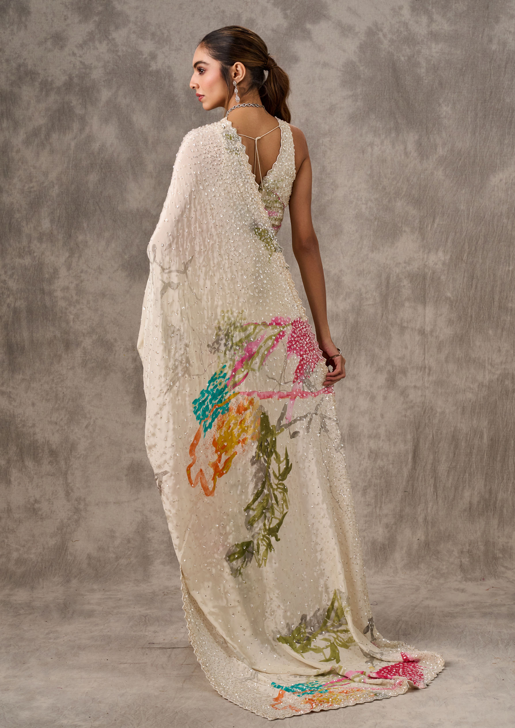 Twamev Women Cream Satin Luxury Saree