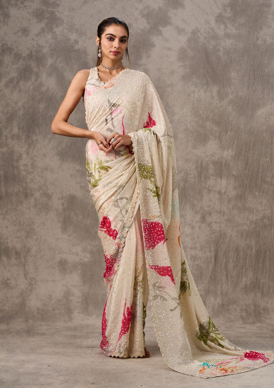 Twamev Women Cream Satin Luxury Saree