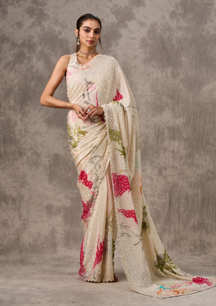 Twamev Women Cream Satin Luxury Saree