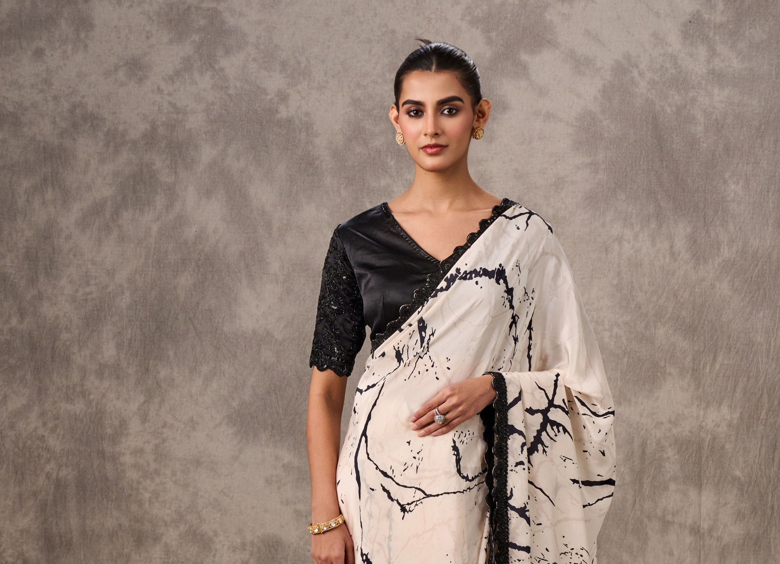 Twamev Women Creamy Elegance Satin Saree