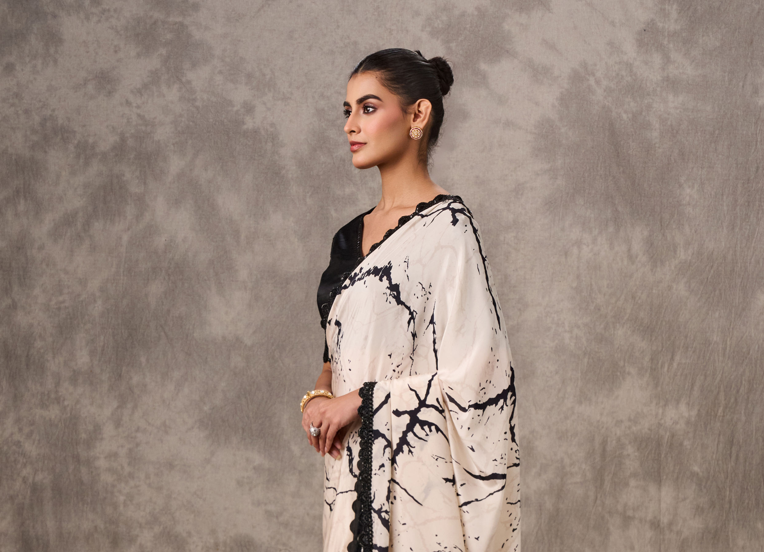 Twamev Women Creamy Elegance Satin Saree