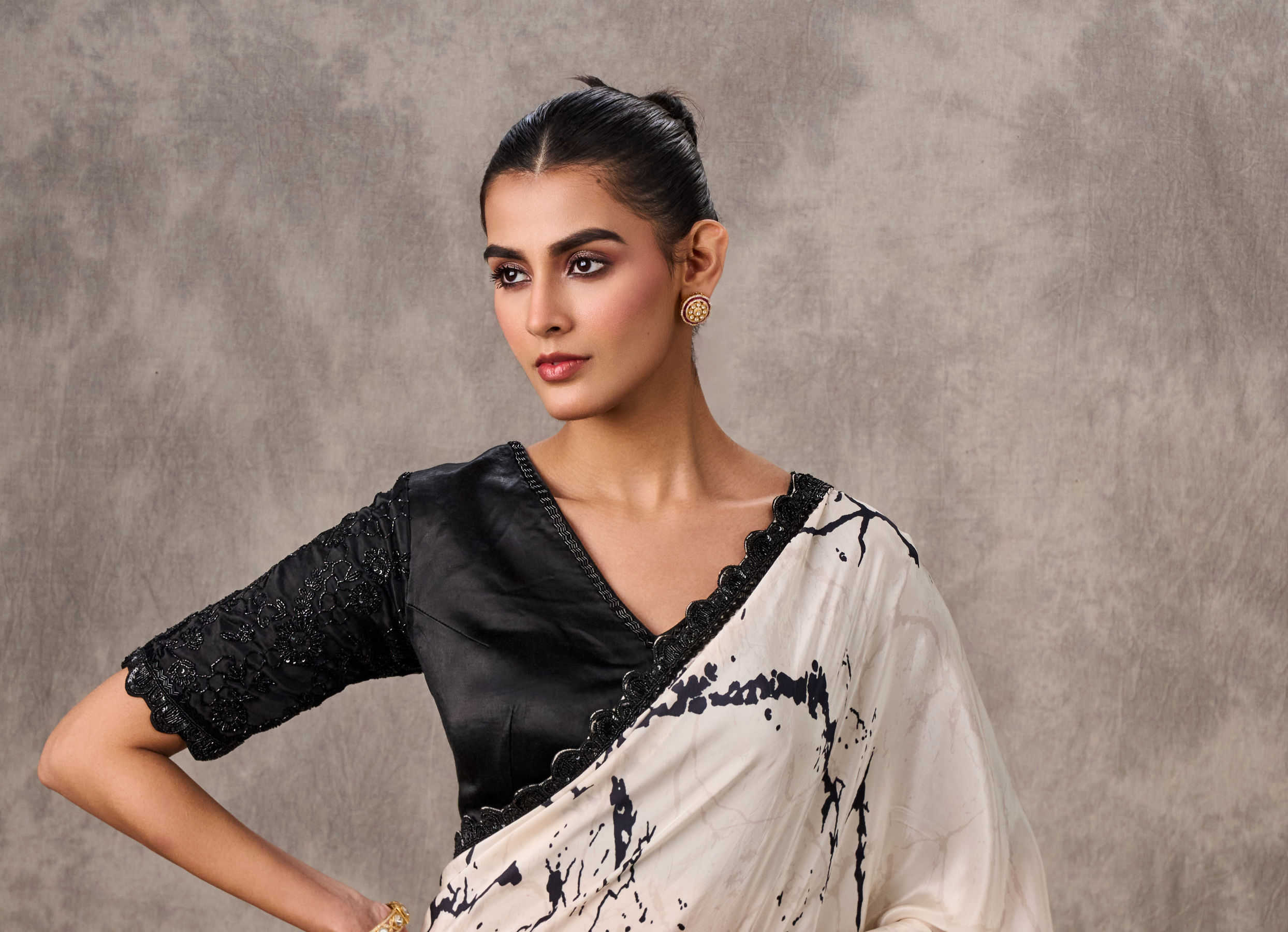 Twamev Women Creamy Elegance Satin Saree