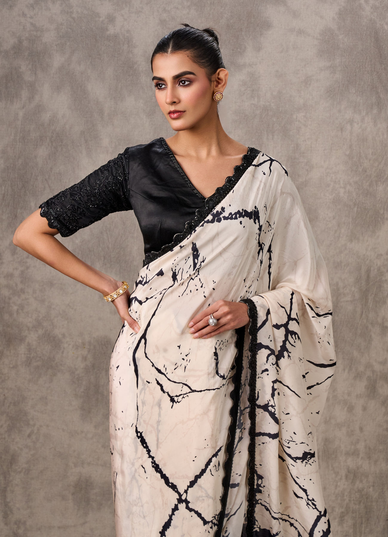 Twamev Women Creamy Elegance Satin Saree