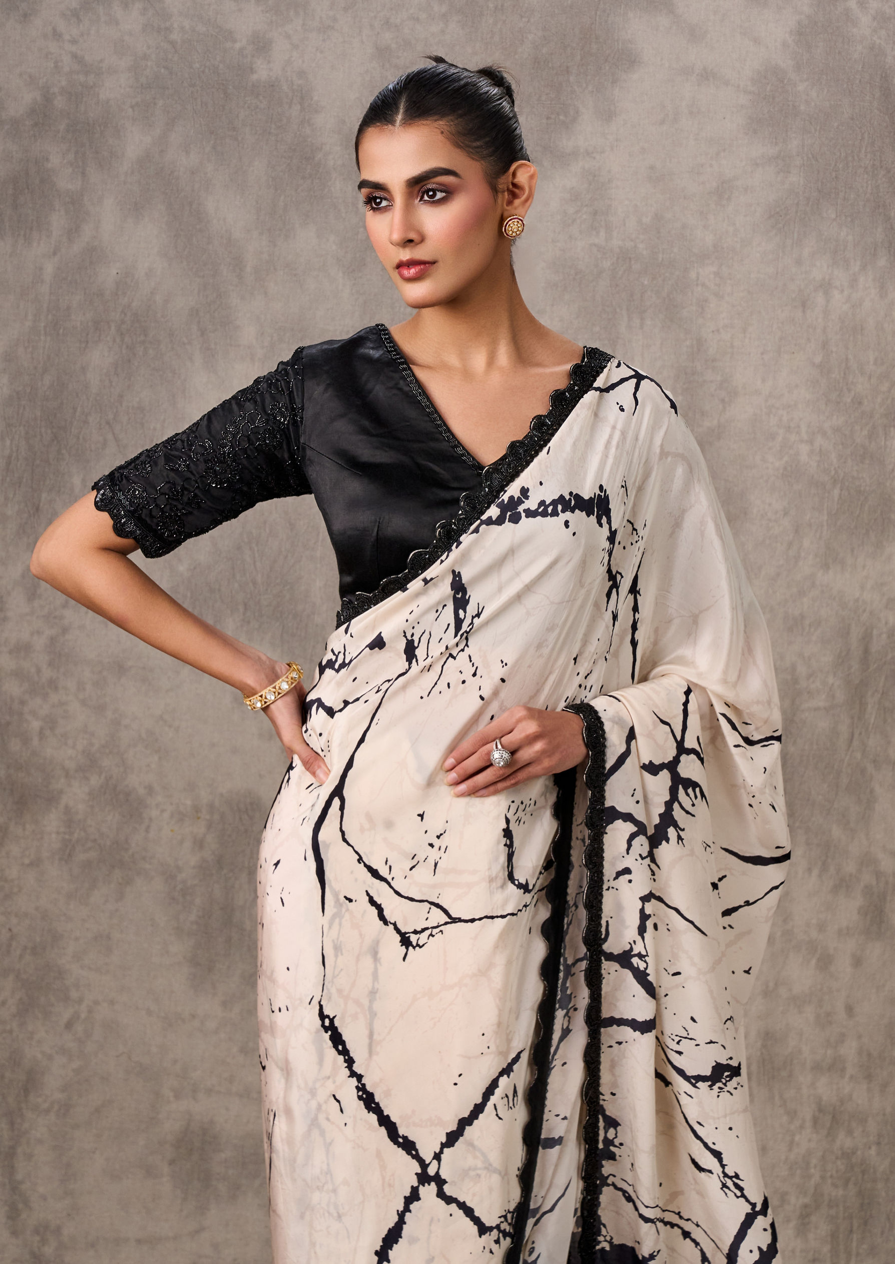 Twamev Women Creamy Elegance Satin Saree