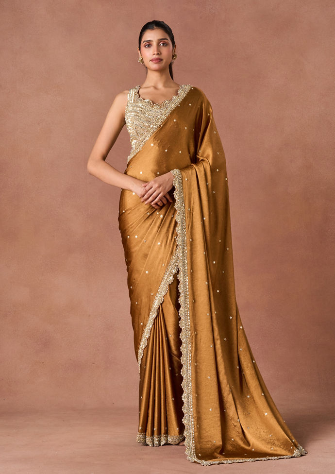 Twamev Women Yellow Chinon Saree with Pearl Embellishment