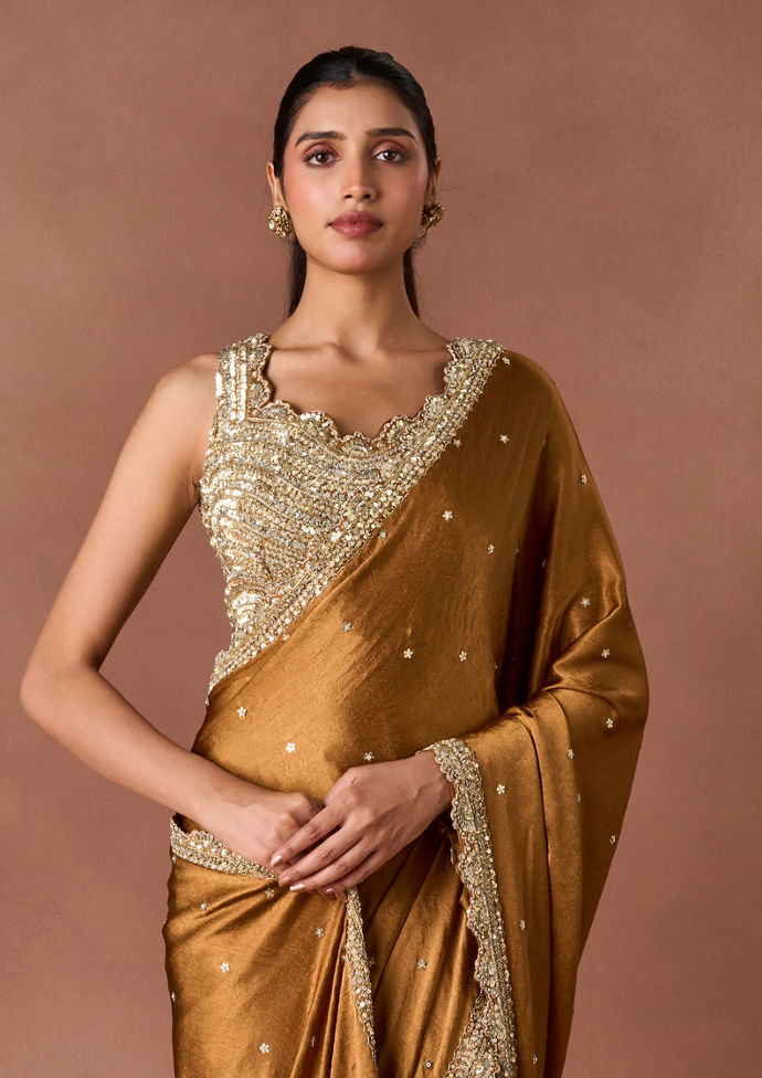 Twamev Women Yellow Chinon Saree with Pearl Embellishment