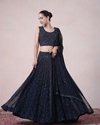 Twamev Women Enchanting Indigo Elegance Net Skirt Top Set