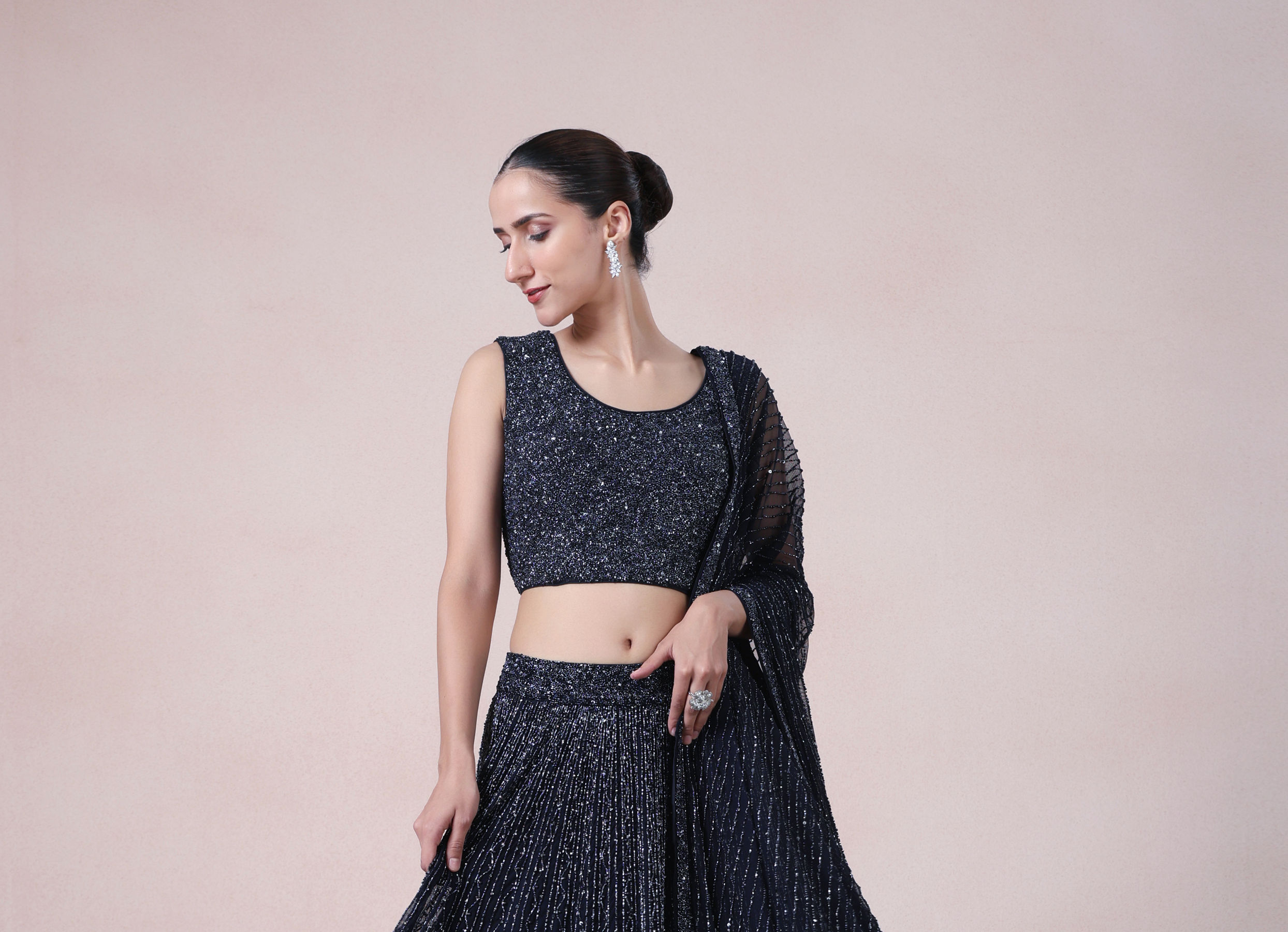 Twamev Women Enchanting Indigo Elegance Net Skirt Top Set