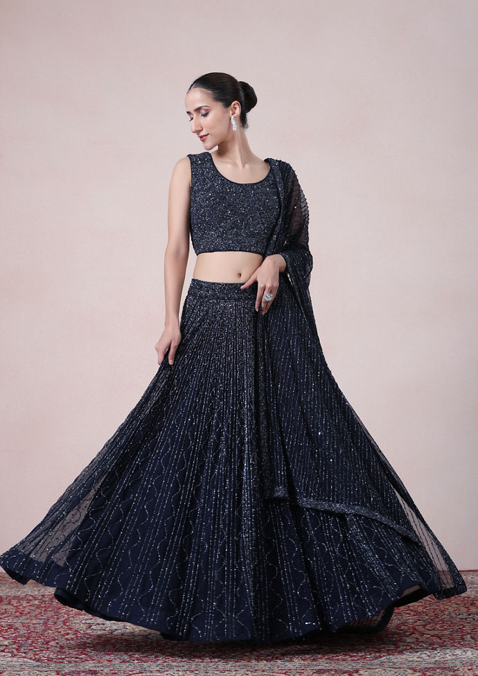 Twamev Women Enchanting Indigo Elegance Net Skirt Top Set