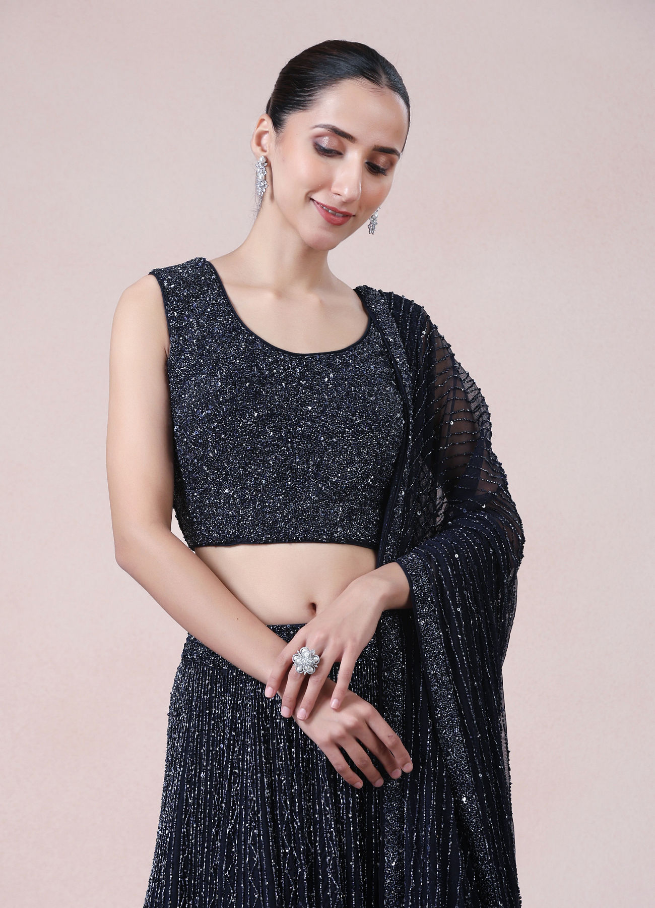 Twamev Women Enchanting Indigo Elegance Net Skirt Top Set