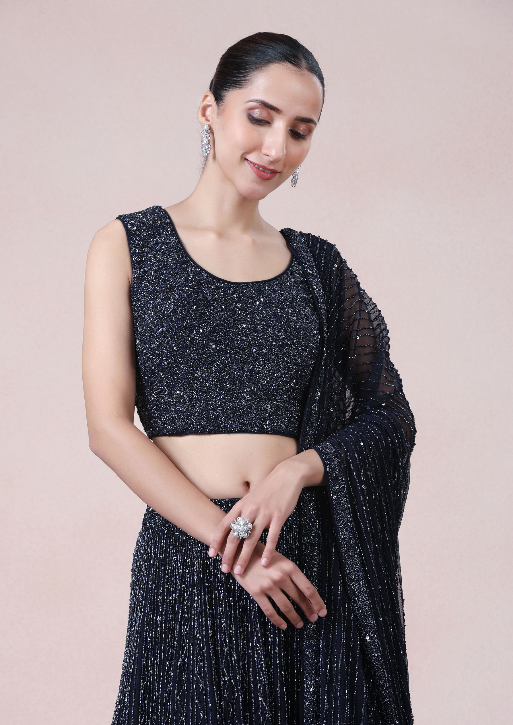 Twamev Women Enchanting Indigo Elegance Net Skirt Top Set