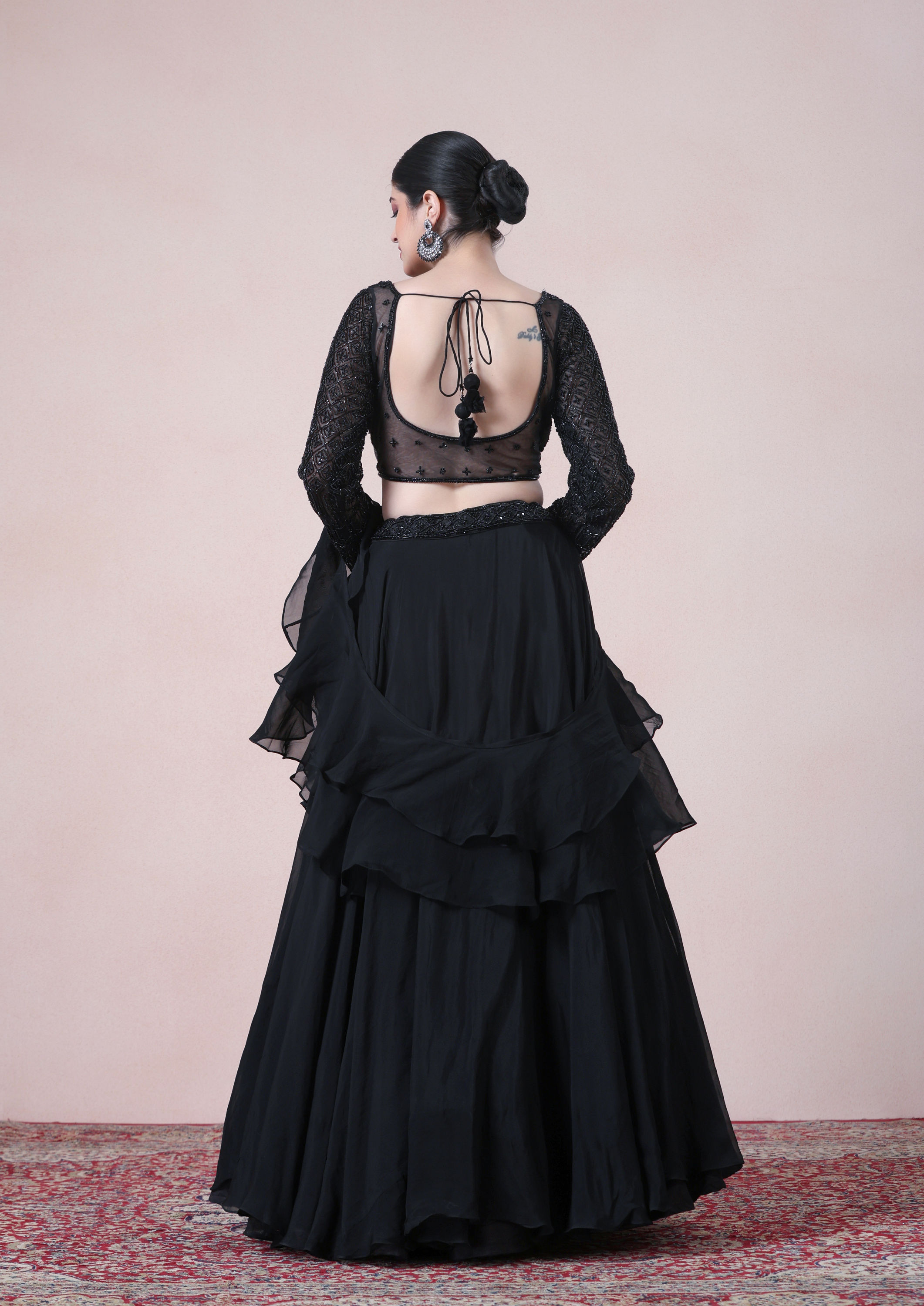 Twamev Women Refined Black Ruffles Organza Skirt Top Set