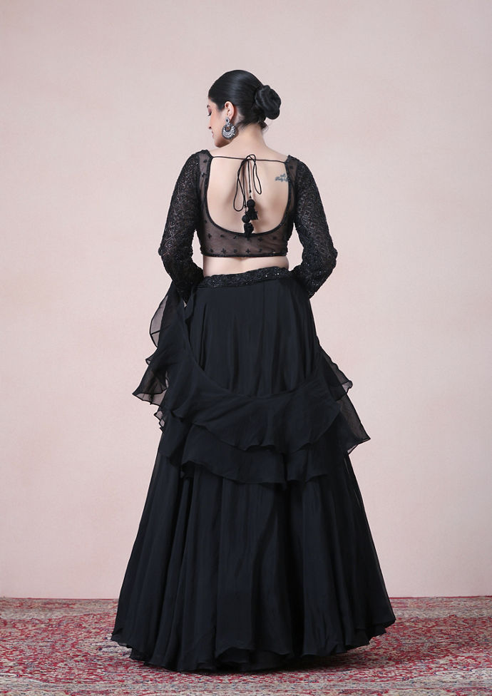 Twamev Women Refined Black Ruffles Organza Skirt Top Set image number 3