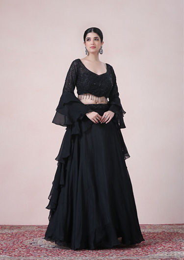 alt message - Twamev Women Refined Black Ruffles Organza Skirt Top Set image number 0