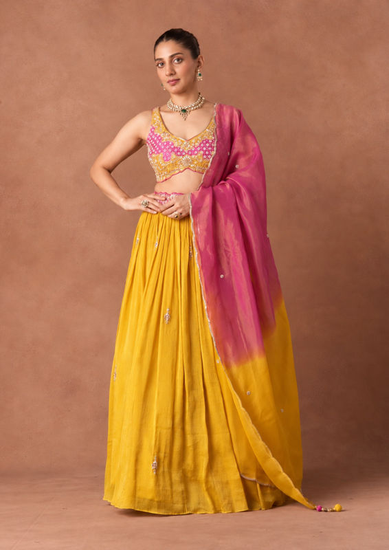 Twamev Women Mustard Pink Embroidered Lehenga