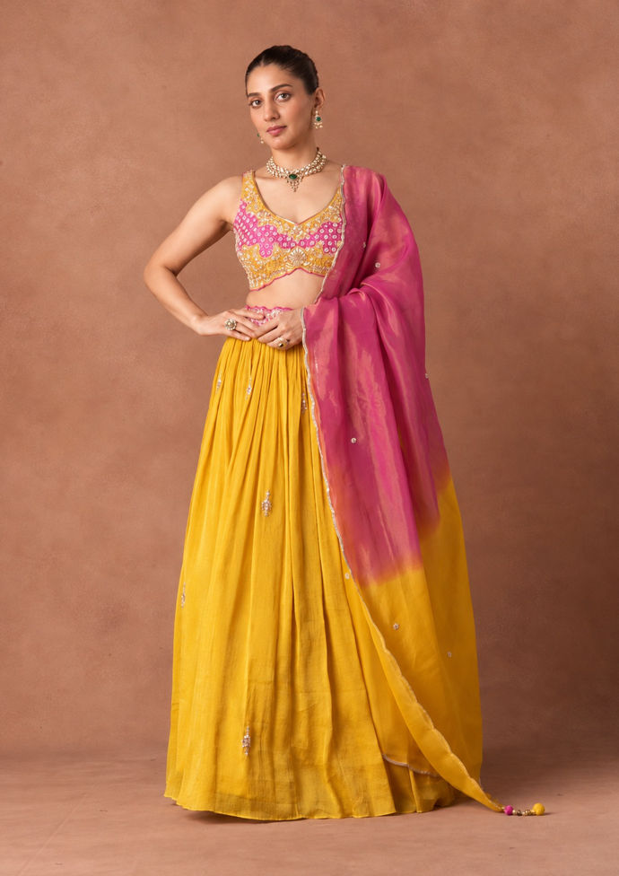 Twamev Women Mustard Pink Embroidered Lehenga