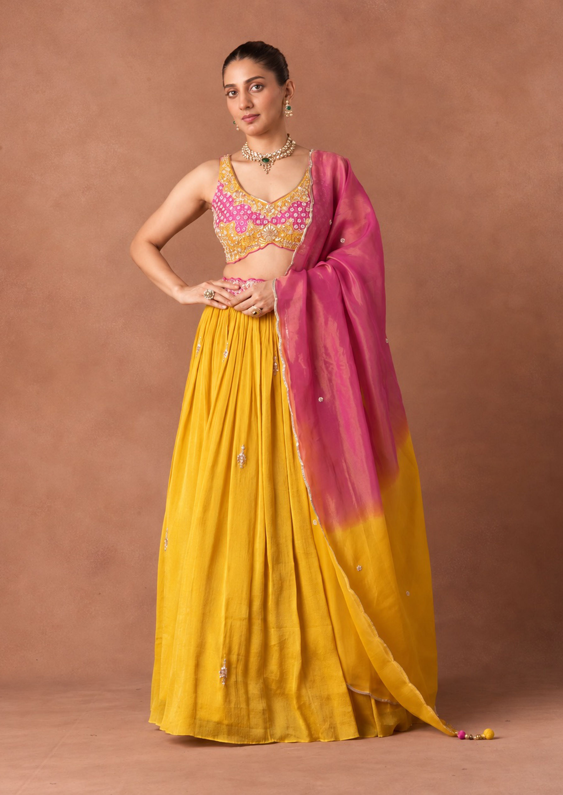 Twamev Women Mustard Pink Embroidered Lehenga