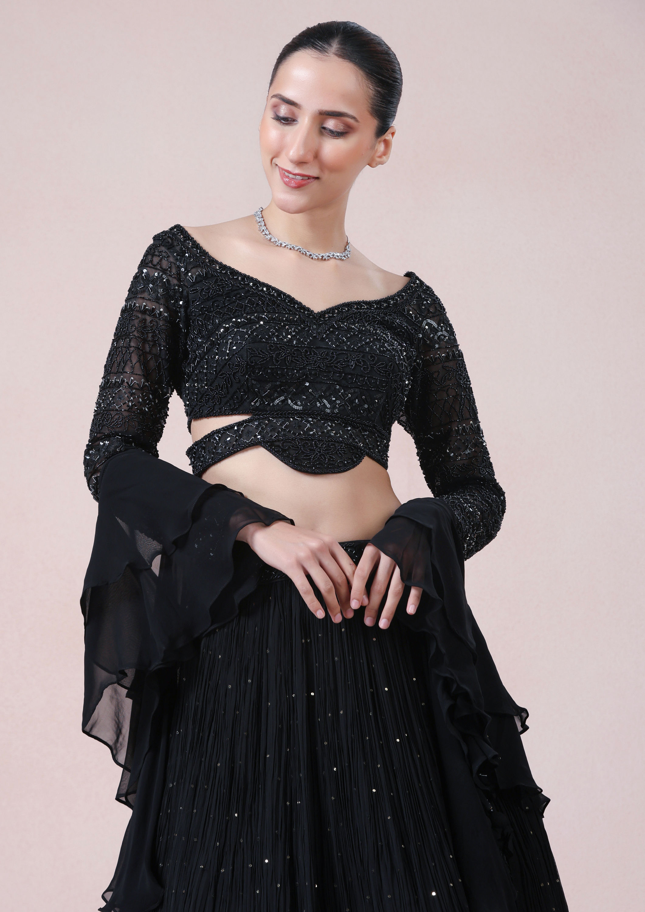 Twamev Women Glamourous Black Georgette Skirt Top Set