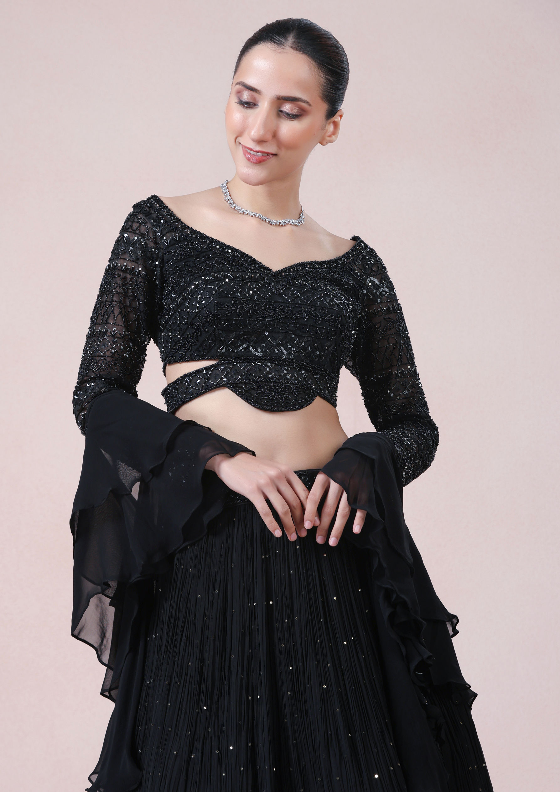 Twamev Women Glamourous Black Georgette Skirt Top Set