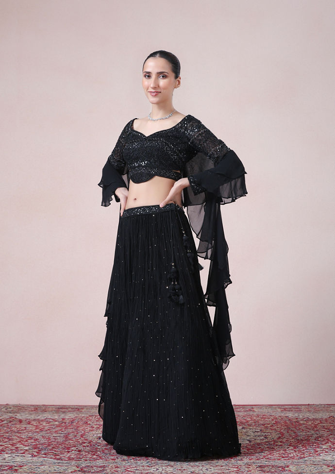 Twamev Women Glamourous Black Georgette Skirt Top Set