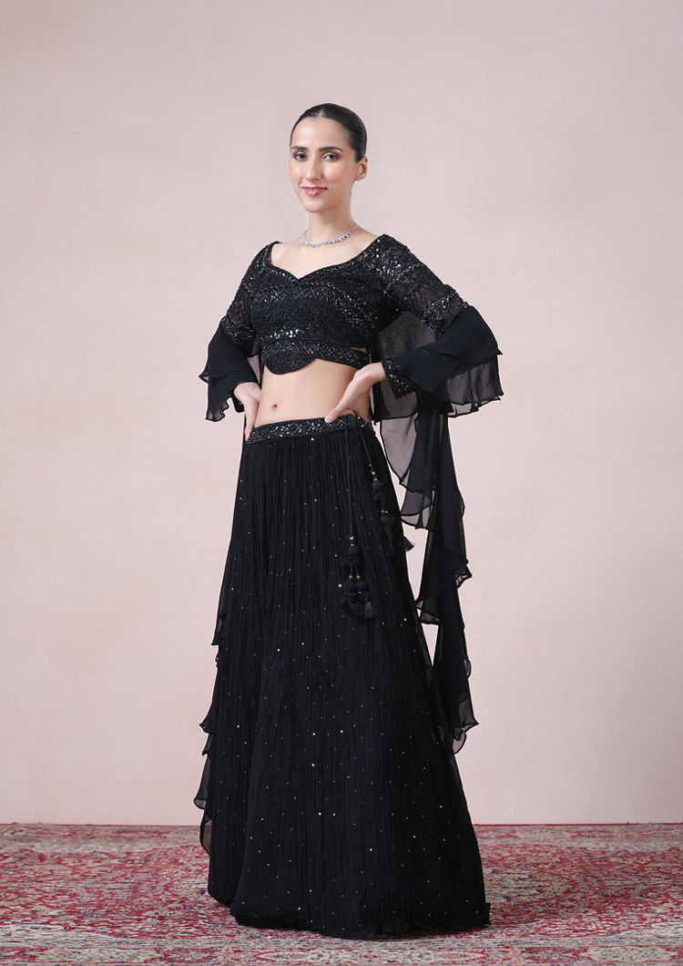 Twamev Women Glamourous Black Georgette Skirt Top Set