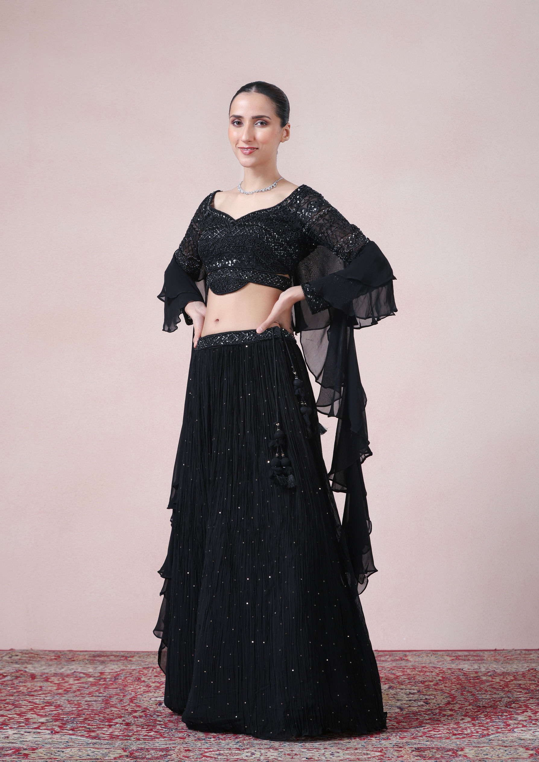 Twamev Women Glamourous Black Georgette Skirt Top Set