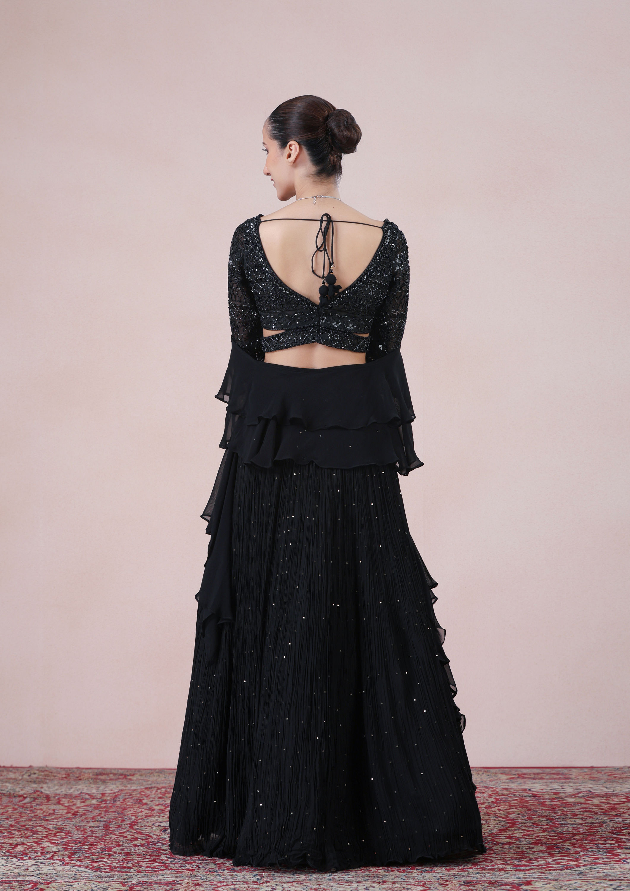 Twamev Women Glamourous Black Georgette Skirt Top Set