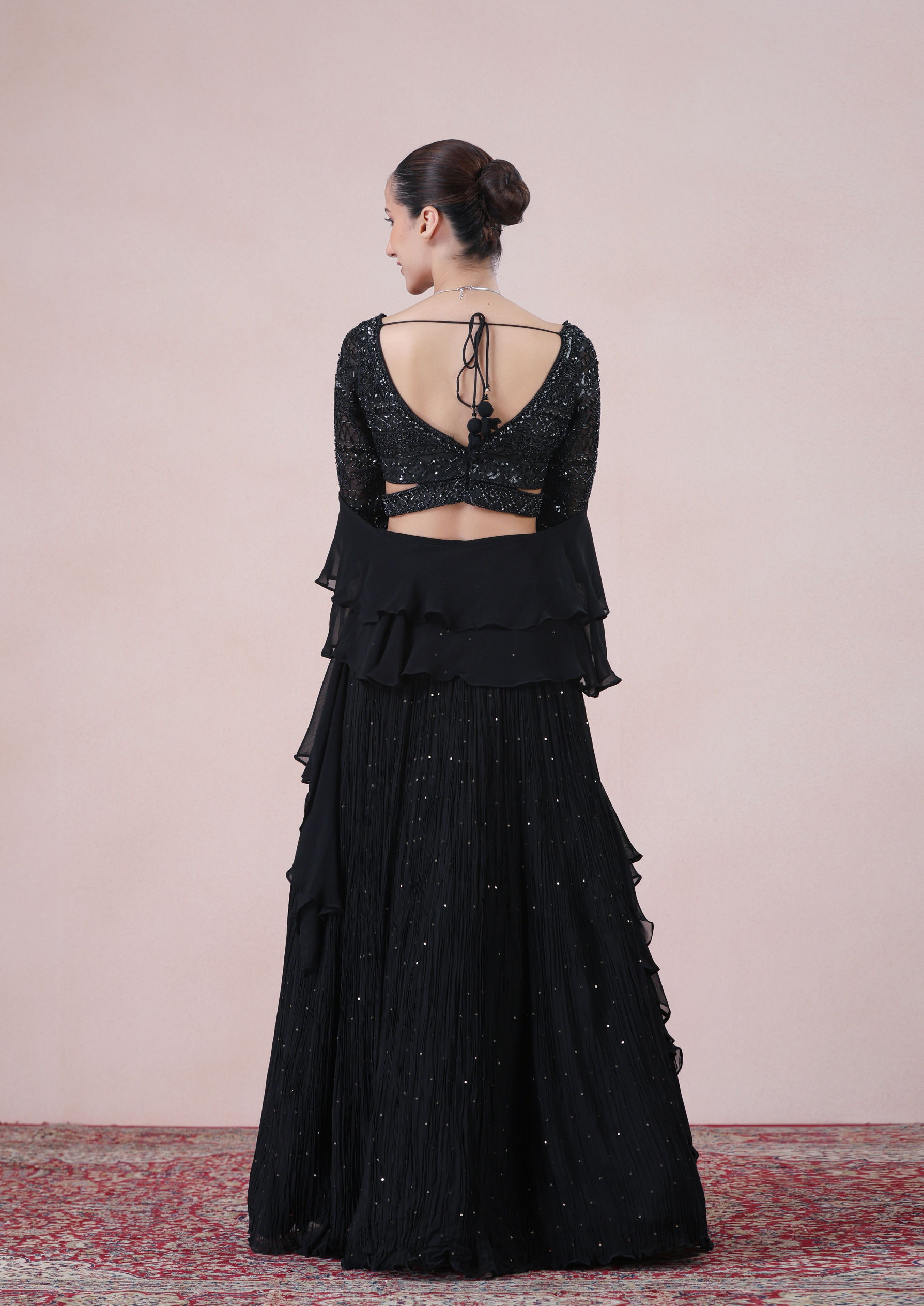 Twamev Women Glamourous Black Georgette Skirt Top Set