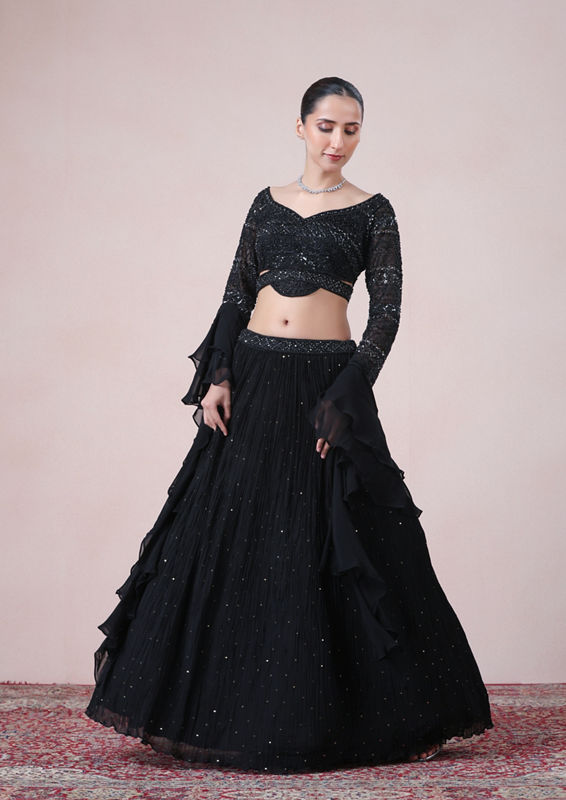Twamev Women Glamourous Black Georgette Skirt Top Set