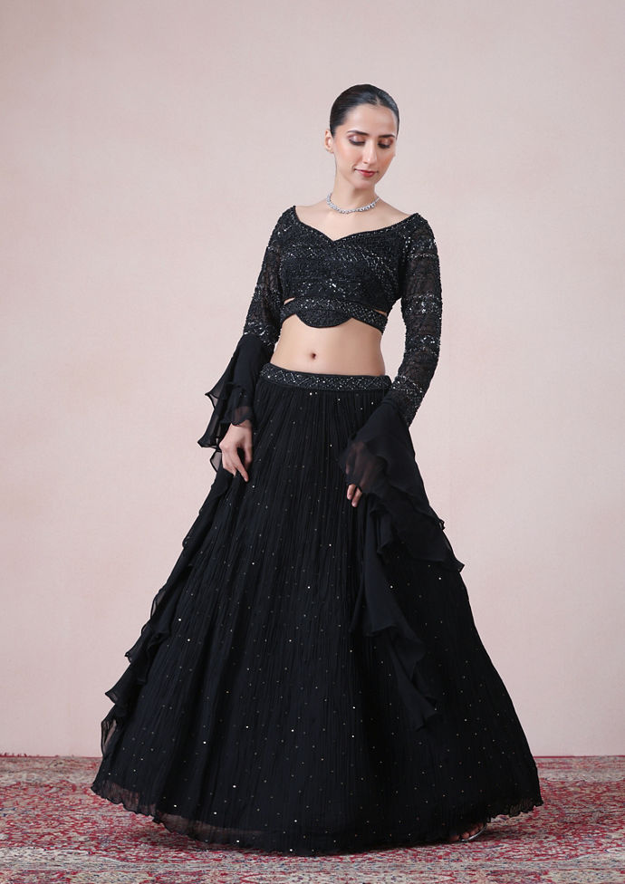 Twamev Women Glamourous Black Georgette Skirt Top Set