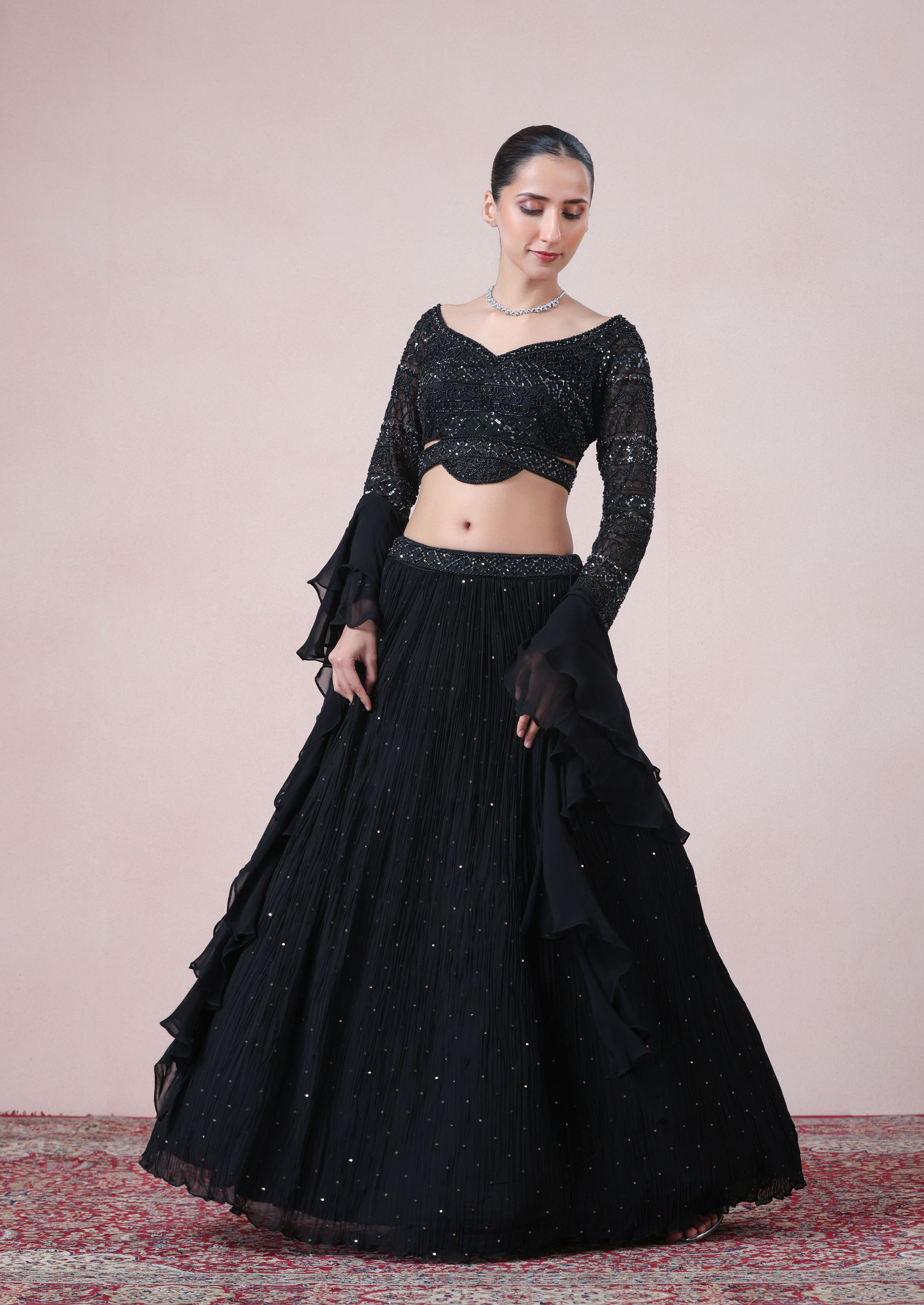 Twamev Women Glamourous Black Georgette Skirt Top Set