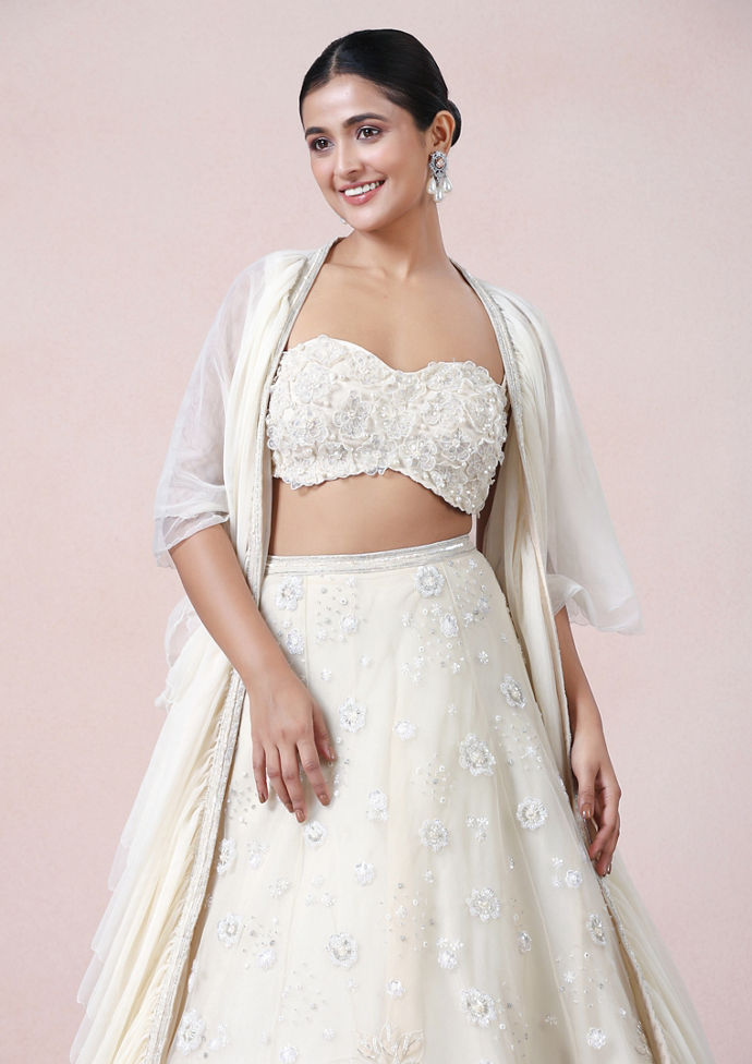 Twamev Women Timeless Cream Opulence Net Skirt Top Set