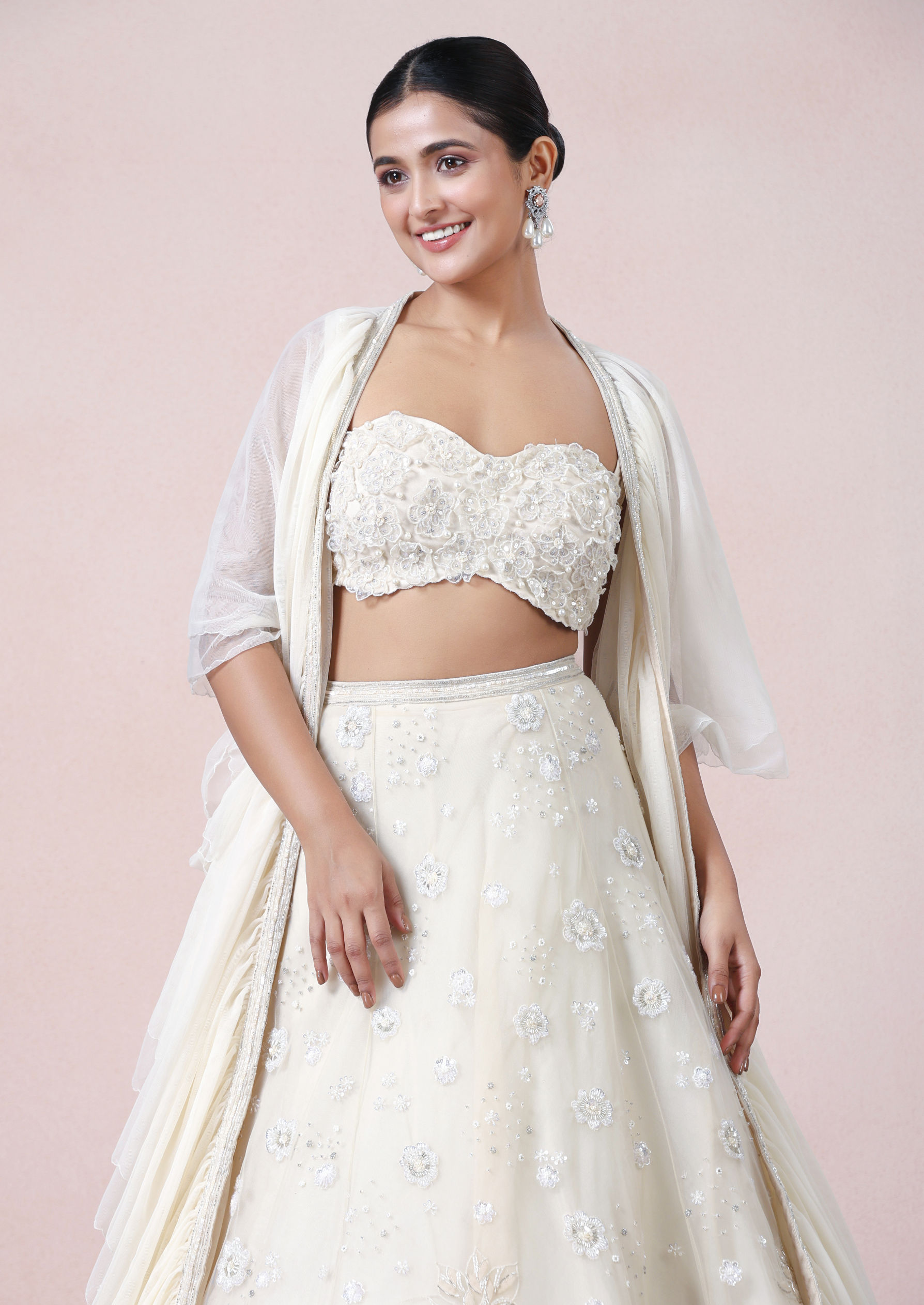 Twamev Women Timeless Cream Opulence Net Skirt Top Set