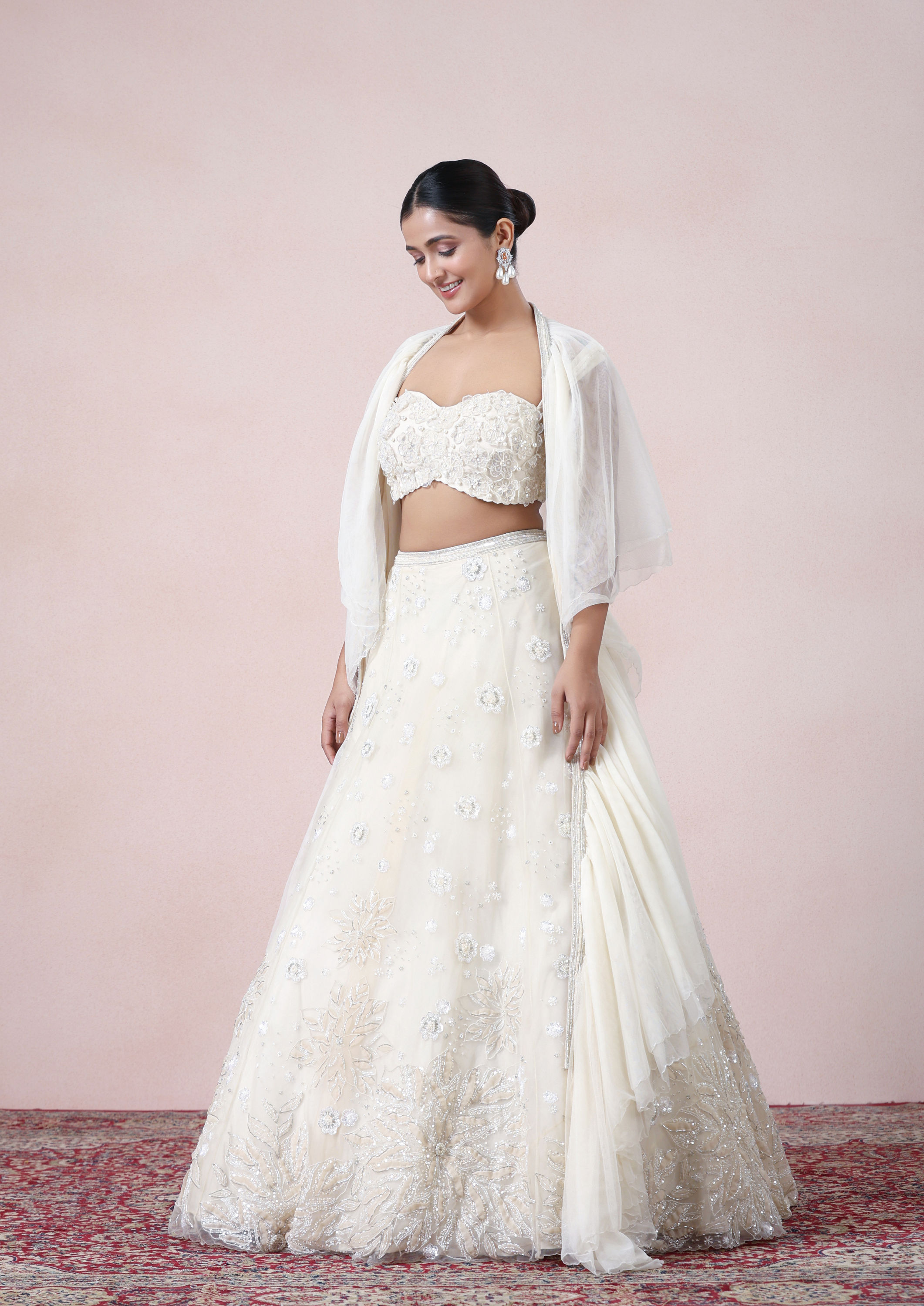 Twamev Women Timeless Cream Opulence Net Skirt Top Set