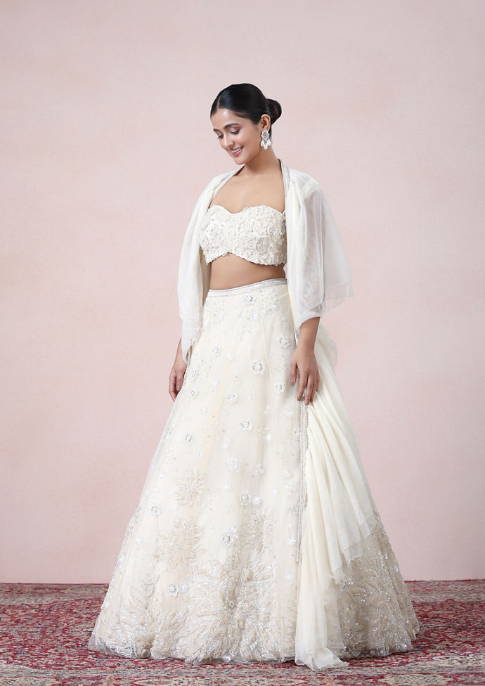Twamev Women Timeless Cream Opulence Net Skirt Top Set
