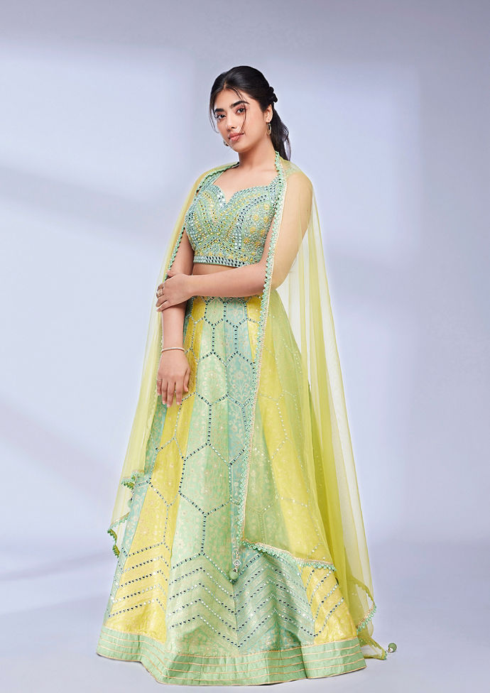 Twamev Women Yellow and Pista Green Bel Buti Hexagon Patterned Skirt Top