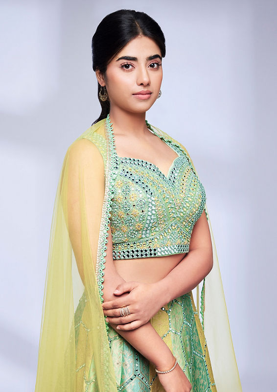 Twamev Women Yellow and Pista Green Bel Buti Hexagon Patterned Skirt Top
