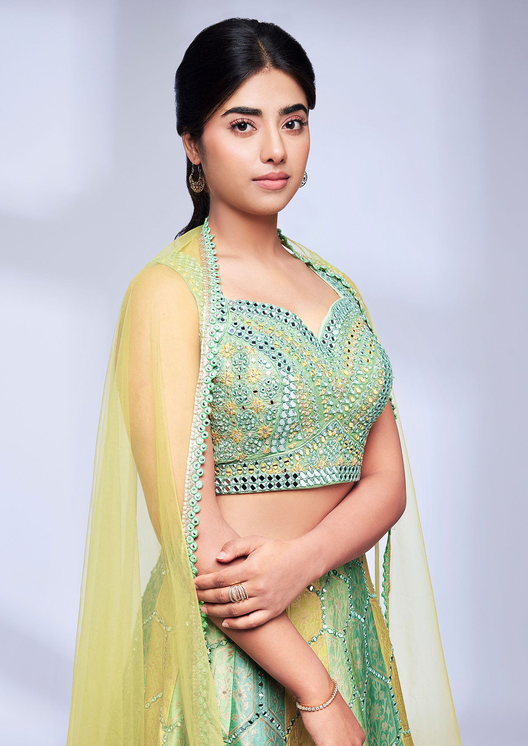Twamev Women Yellow and Pista Green Bel Buti Hexagon Patterned Skirt Top