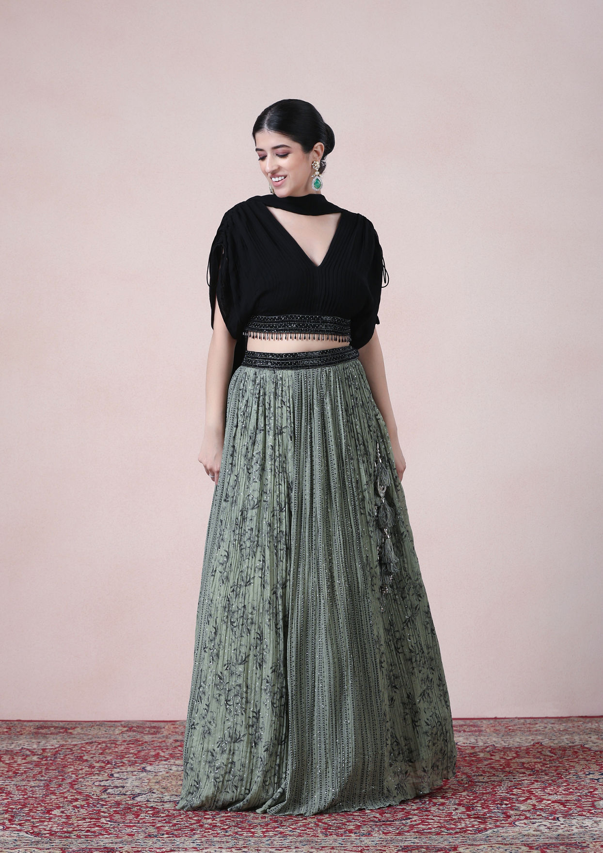 alt message - Twamev Women Pista Perfection with Black Accents Georgette Skirt Top Set image number 2