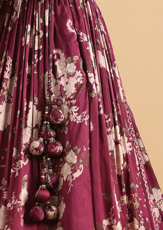 Twamev Women Royal Purple Floral Satin Skirt Top Set
