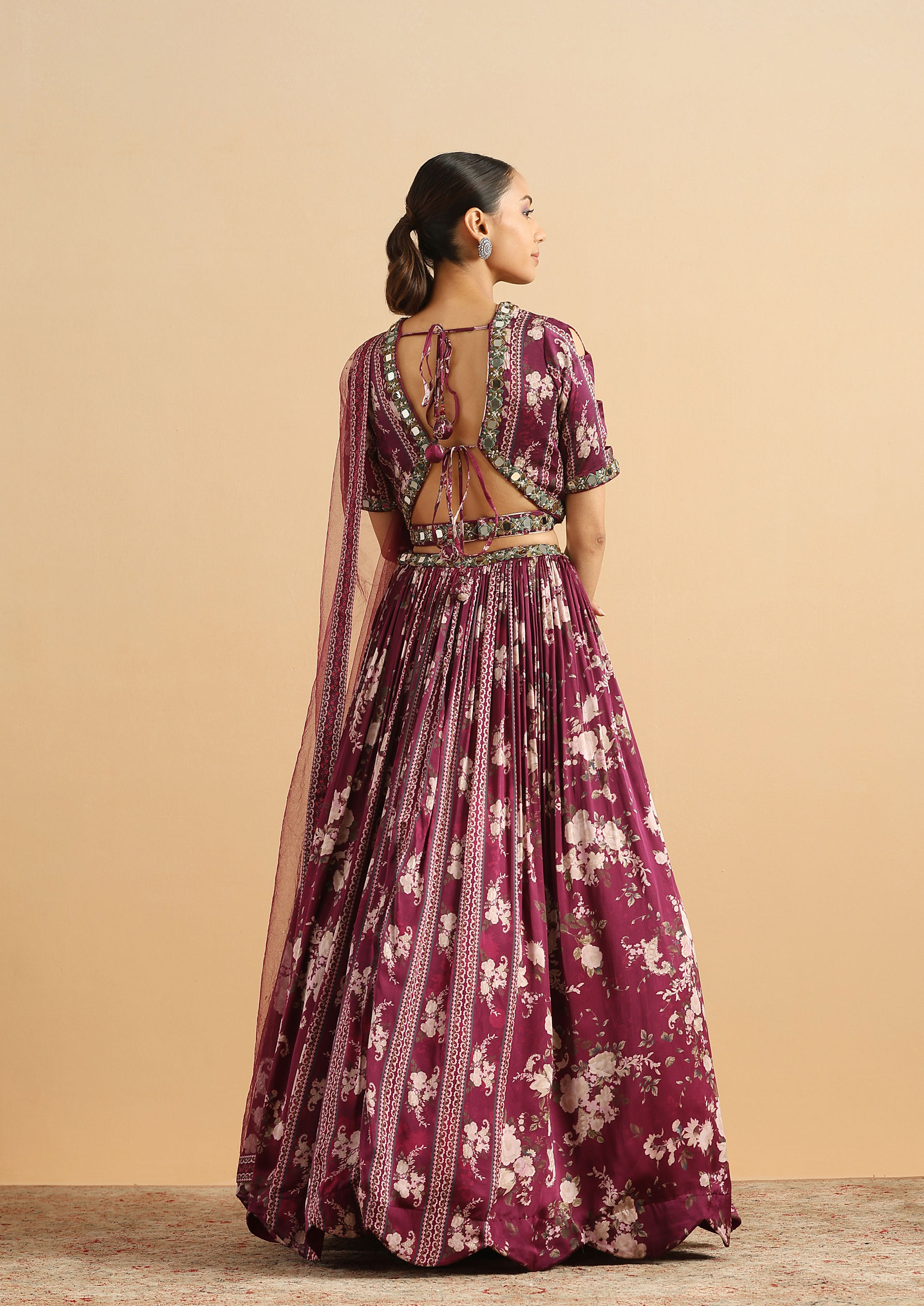 Twamev Women Royal Purple Floral Satin Skirt Top Set